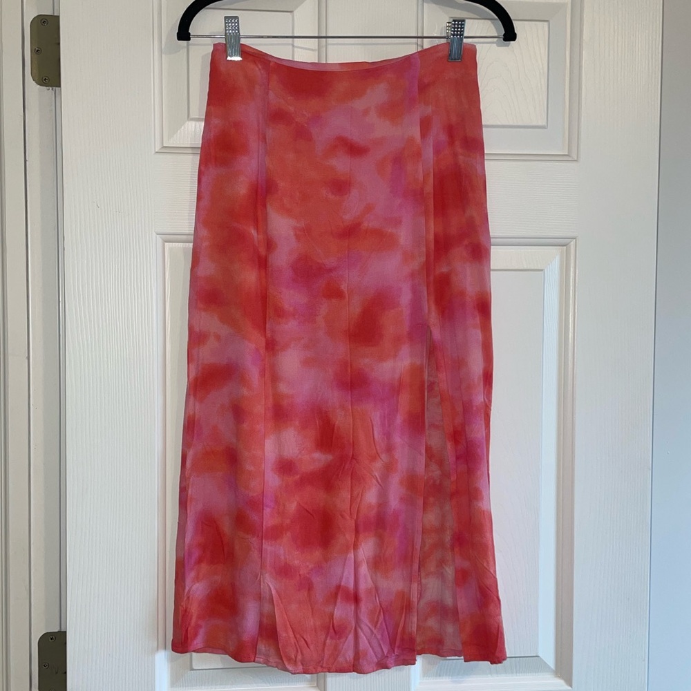 Leith Midi slit flowy skirt pink orange red pattern